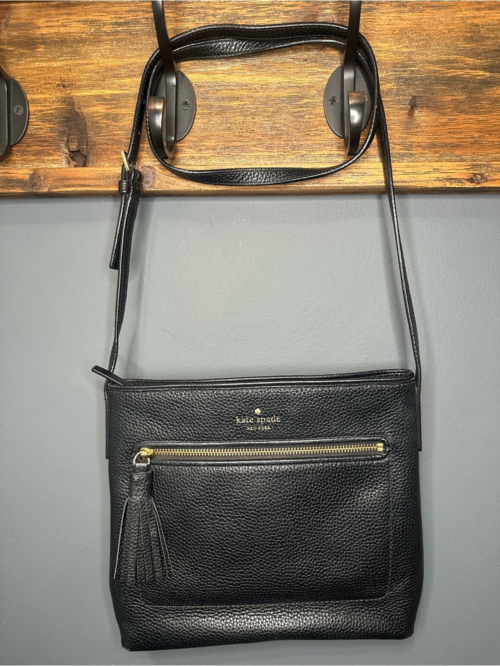 kate spade Black Pebbled Leather Tassel Crossbody with Gold Hardware